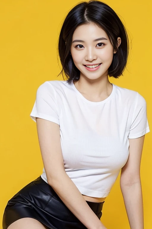 a gorgeous lady, age 22, white T-shirt and black skirt, dimpled smile, short bob hair, in a natural pose, photorealistic, beautiful detailed eyes, ample round bosom, hyper-realism, high contrast, ultra HD, realistic skin textures, top image quality, top-quality, super high resolution, fine details, very meticulously, simple yellow background