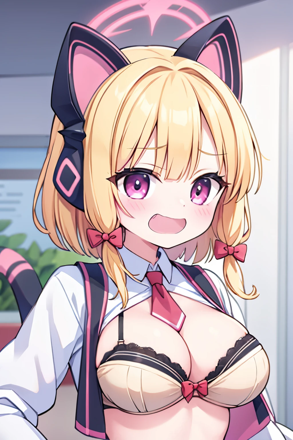 G-Cup masterpiece highest quality High resolution Blonde uniform student Show off your breasts cute Momoi Saiba smile A slightly open mouth Light in your eyes Eye highlights tits bra