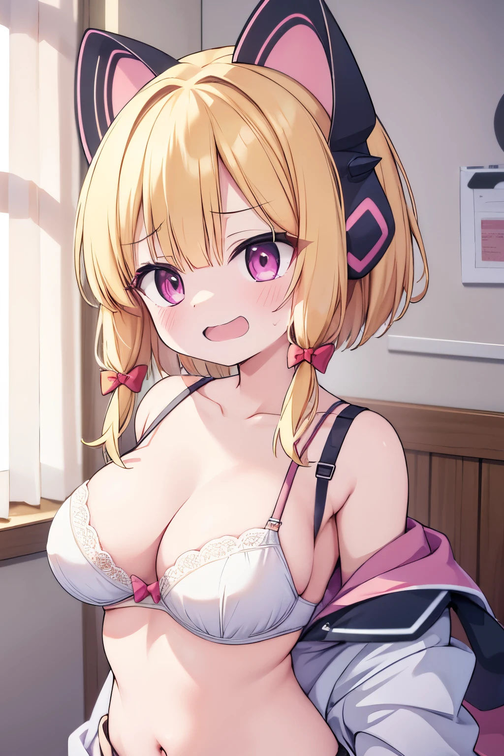 G-Cup masterpiece highest quality High resolution Blonde uniform student Show off your breasts cute Momoi Saiba smile A slightly open mouth Light in your eyes Eye highlights tits bra