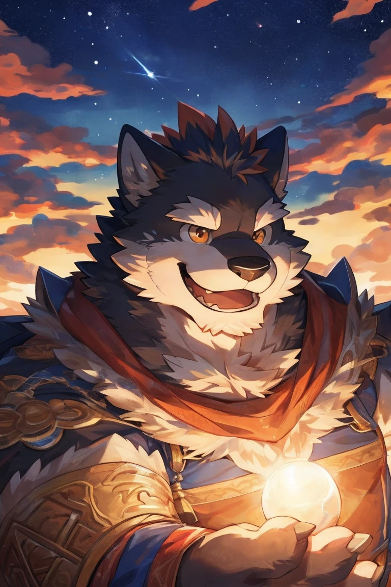 human nature, cannon, male, Solitary, ((Round Face, Handsome,Orange eyes,A small amount of black beard)), ((Endomorph, Handsome,Handsome的)), (Leisure装,White sportswear), ((domestic 狼,Wolf Orc,Demon King), (At the training ground), Bokeh, (high quality, high resolution, Masterpiece 1.2), (Natural fill light,Rich colors,), (Generous smile,full,Leisure), (Face focus), Full body picture (close up), cartoon, author:Takemoto Arashi, by zixiong, By Chunni, author:Empty Ghost,(background:Mountain jungle stream 1.5),,Glow,evening,Starry Sky,Auspicious Clouds,background丰富详细