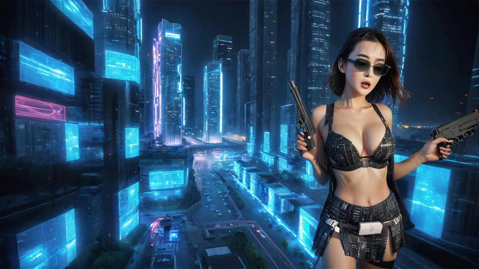 UE 5, computer render, Rendered by Octane, (8K, tmasterpiece), (realistically, Photo degree:1) luminescent concept art, (((((aerial view))))) of Cyberpunk city scene, ((Surreal circuit architecture)), (((((supercars street racing, 1 drone))))). Matrix style, (((((Matrix cascading code))))), (((((a futuristic twin tower skyscraper with a unique twisted design))))), (((((OLED GUI interfaces in the building))))), at night, (((((1girl, solo))))), photo realistic, (((large-breast:1.2 slim body, cleavage))), (((off torn mini matrix-code sling-shirt and black sling bra, extreamly short pleated matrix-code miniskirt exposing panty))), (((((running pose))))), (((((((matrix style black micro sunglasses))))))), ((((((((((aiming with a short gun)))))))))), (((((looking at camera))))), (((very low view))), (((((half-body thigh level medium shot))))), (((cinematic lighting))).