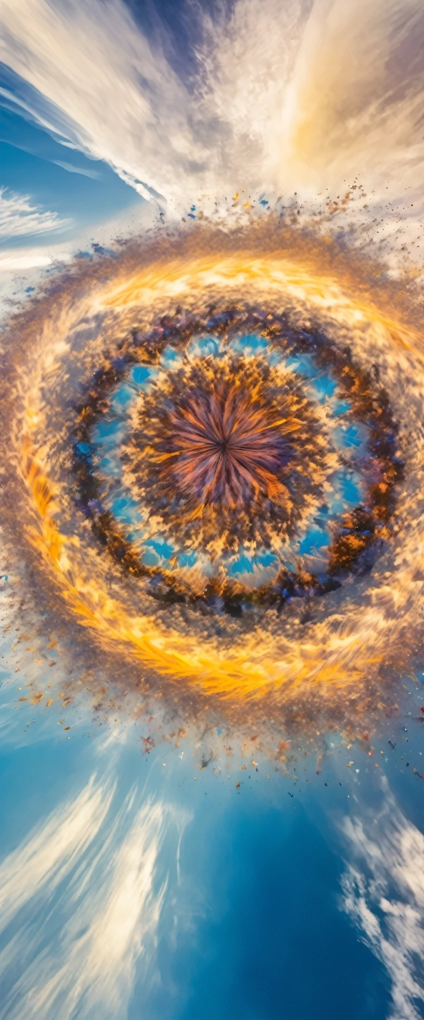 aerial view, best quality, super fine, 16k, 2.5D, delicate and dynamic, formation skydiving, various colors and shapes, abstract image, kaleidoscope effect, magic circle effect, clear skies, sunlight, atmospheric dust, subzero dust, beautiful colorful artwork, (magnificent views:1.4)