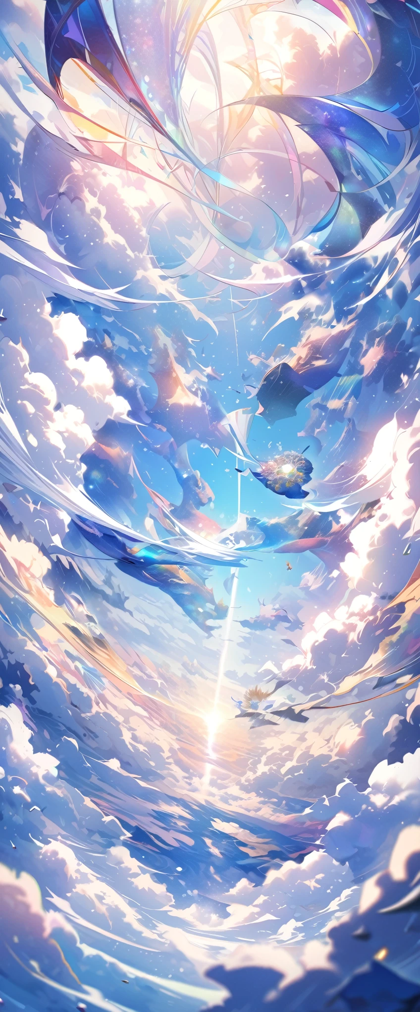 aerial view, best quality, super fine, 16k, 2.5D, delicate and dynamic, formation skydiving, various colors and shapes, abstract image, kaleidoscope effect, magic circle effect, clear skies, sunlight, atmospheric dust, subzero dust, beautiful colorful artwork, (magnificent views:1.4)