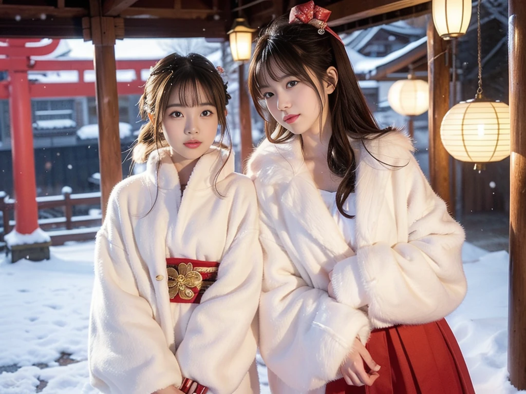 snow。furのコートを着た美しい日本の女性たちの写真。Traditional Japanese New Year Celebrations。着物の上にfurのコートを羽織った。Fisheye Lens、fur。Multiple women。