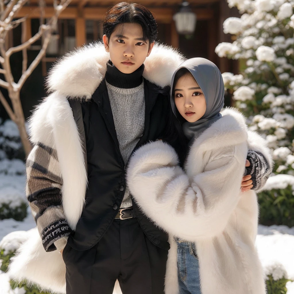 Seoasang kekasih romantis seorang lelaki tampan berambut hitam pakai pakaian jaket tebal berbulu, di sampingnya ada pacarnya wanita cantik berambut hitam sedang memeluk lelaki tersebut
