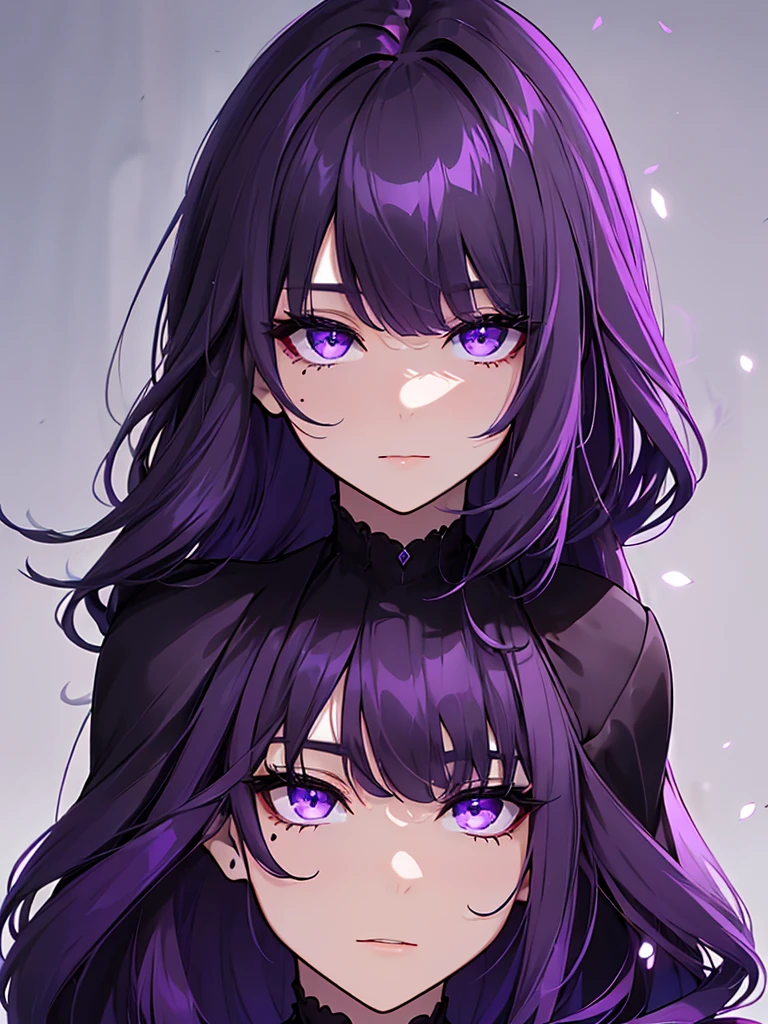 1women, wearing a black colour party frock, plain black colour modern frock, at a night party, dark purple color medium length hair, light purple colour eyes, 8k, high detailed, high quality