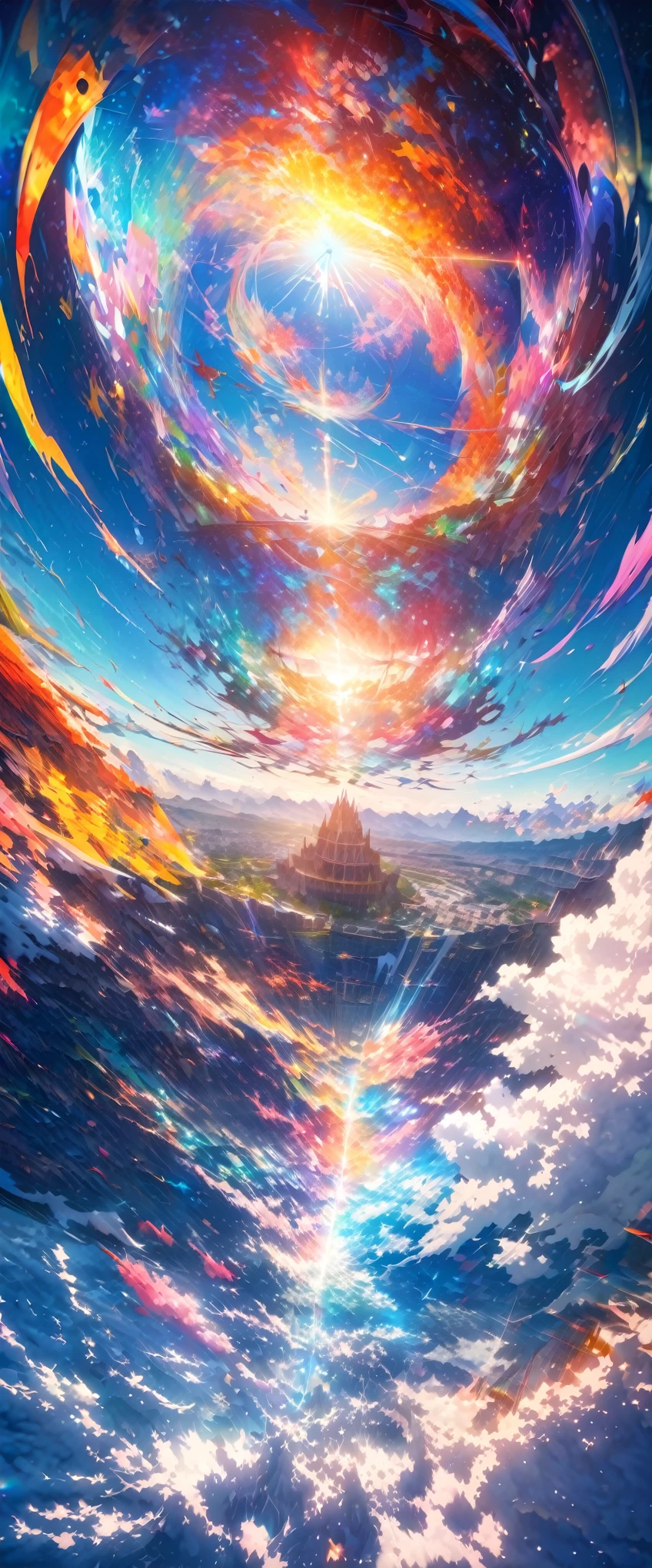 aerial view, best quality, super fine, 16k, 2.5D, delicate and dynamic, formation skydiving, various colors and shapes, abstract image, kaleidoscope effect, magic circle effect, clear skies, sunlight, atmospheric dust, subzero dust, beautiful colorful artwork, (magnificent views:1.4)