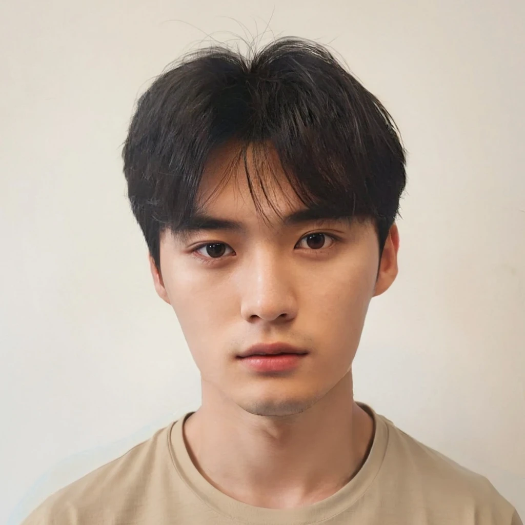 Best Quality, 8k, Masterpiece, (Portrait: 1.3), (photo realistic:1.4), (hyper realistic:1.4), Sharp Focus, looking at viewer, (smoother lighting:1.1), (increase cinematic lighting quality:0.9), realistic lighting, backlighting, light on face, ray trace, (brightening light:1.2), (Increase quality:1.4), sharp detail, (best quality real texture skin:1.4), finely detailed eyes, black_eyes, finely detailed face, 25 year old Korean man, (beige t-shirt:1.4), (Create an image maintaining the original base model hairstyle:1.5)