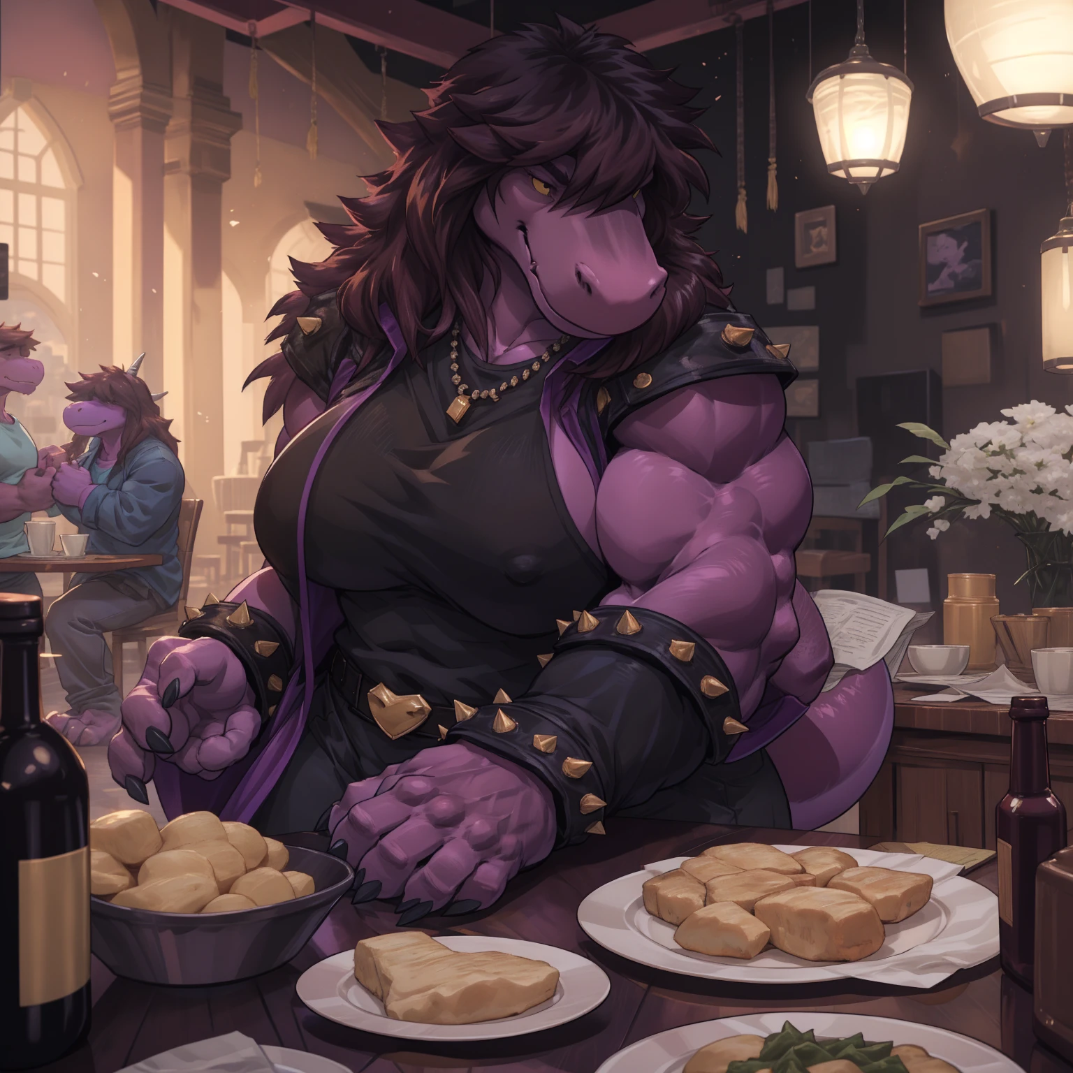 susie, susie deltarune, muscular, strong, plump, heavy, dragon, short stack, female, large breasts, (nipple outline:0.7), bodybuilder pose, uploaded on e621, (detailed background), (intricate:1.1), (high detail:1.2), (masterpiece, best quality, 4k, 2k, shaded, absurd res), by darkgem, by wfa, by gideon,