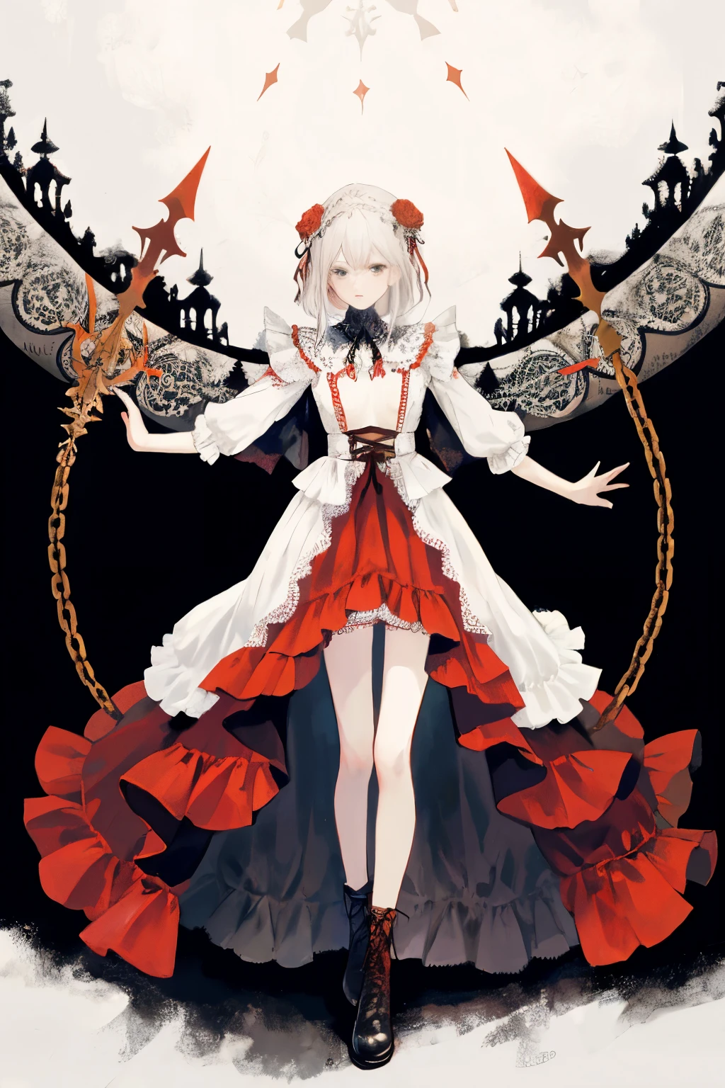((best quality)), ((masterpiece)), (detailed), 1girl, Character design, female, dynamic poses, long white grey hair, grey white eyes, very skinny, detailed, best quality, no accesoires around the neck, no shoes, prominent collarbones, skinny arms, flat stomach, visible hip bones, full body, blank white background, plain background, white background, red and white clothing, Bloodborne inspired, occult aesthetic, occult, detailed and intricate steampunk and detailed gothic, NSFW, Very dramatic and cinematic lighting, cosmic horror, grim-dark, side-lighting, perfect face, NSFW, Fluttering lace flared long knee length dress with frilly petticoats, knee length dress, pleated petticoats, petticoats gothic, complex lace boots, side-lighting, gothic aesthetic, wielding a mighty sword with mechanical components, mandalas, small breasts, a fairy, various different types of insect wings, NSFW, full body, whole body, body, plain background, white background, blank background, no background, white background NSFW, chains, full body, whole body, head-to-toe NSFW