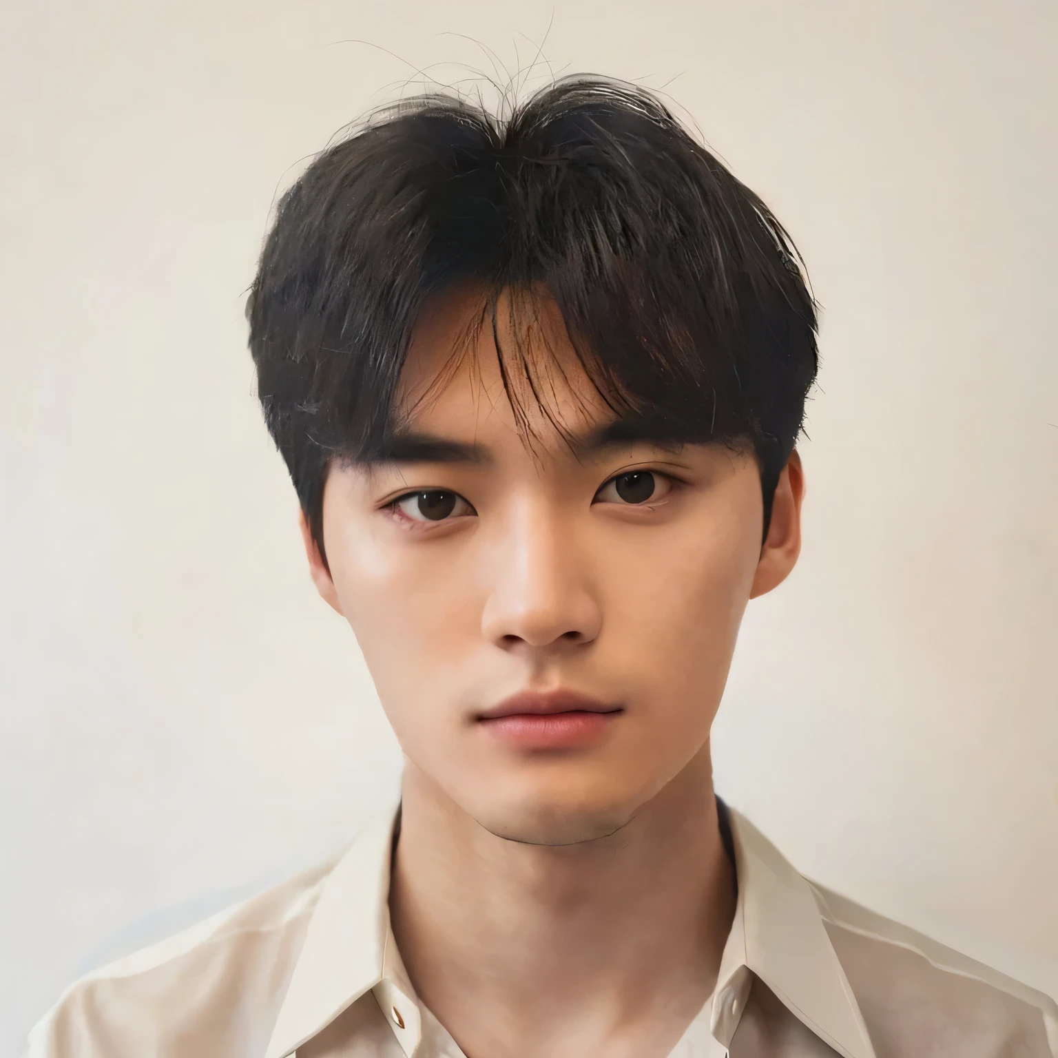 Best Quality, 8k, Masterpiece, (Portrait: 1.3), (photo realistic:1.4), (hyper realistic:1.4), Sharp Focus, looking at viewer, (smoother lighting:1.1), (increase cinematic lighting quality:0.9), realistic lighting, backlighting, light on face, ray trace, (brightening light:1.2), (Increase quality:1.4), sharp detail, (best quality real texture skin:1.4), finely detailed eyes, black_eyes, finely detailed face, 25 year old Korean man, (wbeige formal_shirt:1.4), (Create an image maintaining the original base model hairstyle:1.5)