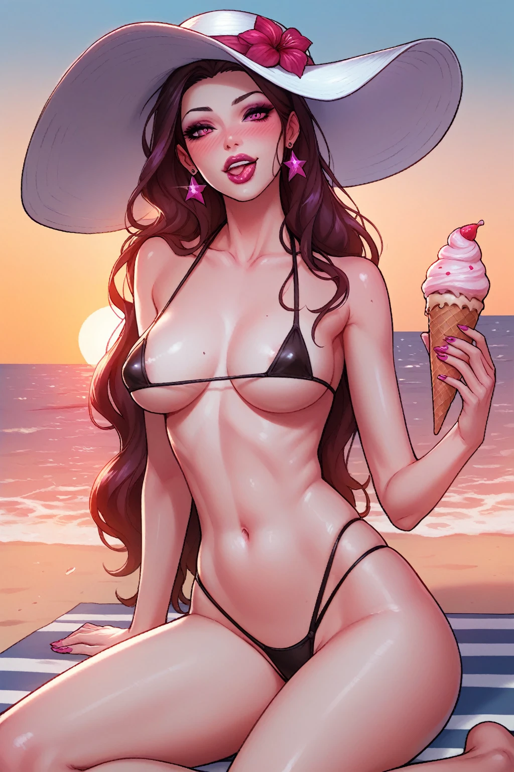 beautiful sexy woman having licking ice cream cone while driping the drop over breasts. While sitting on beach, early 30s, long hair, micro bikini, pacific sunset, makeup , lipstick , magenta eyes, perfect face, jawline , earrings ,blush ,oily body, smooth skin,summer hat