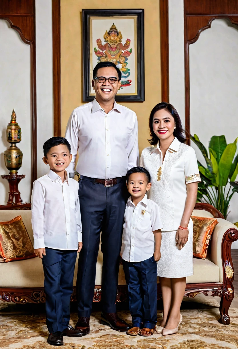 there are three people standing in a living room with a couch, barong family, barong family member, an indonesian family portrait, home photography portrait, family portrait, full protrait, portrait shot, ceo, classic portrait, happy family, potrait, protrait, portrait, corporate photo, photo portrait, 1 / 4 portrait, family photo, in house