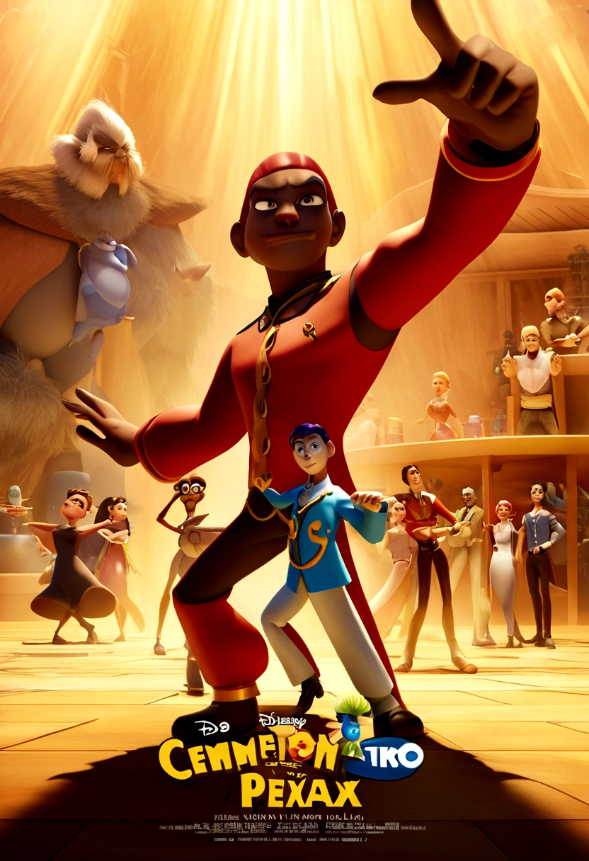 A Disney Pixar-style 3D poster, com o texto "Marcos Lima" homem com pele escura, olhos claros, cabelo preto curto, Dancing