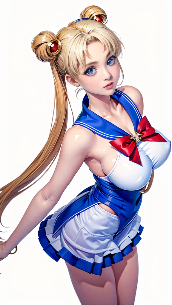 (((Perfect body,White and tender skin,(((Blue and white sailor suit, black high heels, and a bright red bow on the chest))),(((SMUsagiTsukino,Slender and soft golden hair, crystal clear and delicate skin, bright blue big eyes, thin cherry colored lips,,))),((masterpiece)),highres,((Best quality at best)),masterpiece,quality,Best quality,((( Exquisite facial features,Looking at the audience,There is light in the eyes,(((lol,happy))),))),(((Light and shadow,Huge breasts,))),(((Looking at the camera,black background,))))