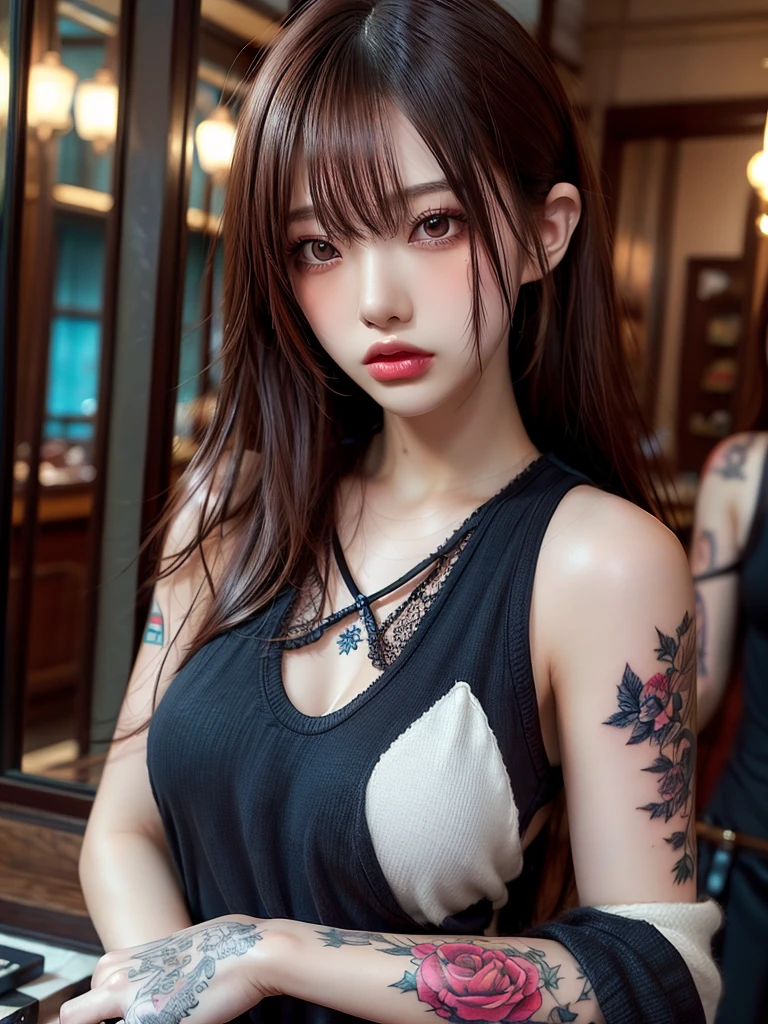 Tattoo Girl, so beautiful, Murderous, Handsome, betrayal, anger, Dark Background, 8k, Dynamic Wallpapers, Very delicate, Very dark white tank top、