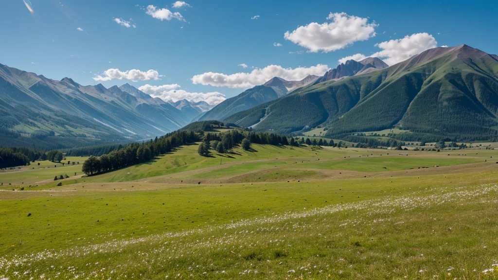A grassland with mountains behind it and very sunny weather 