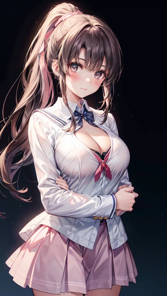 ((masterpiece, sidelighting, finely detailed beautiful eyes: 1.2)), ultra-detailed, ultra high res, professional lighting, high quality makeup, beautiful detailed eyes, sexy, beautiful, big eyes, drooping eye,(1 girl:1.3), (high school student:1.2), (middle breasts), (slender body:1.1), (light pink school uniform:1.6), (blush cheek, blush body:1.1), moist eyes, (black hair), (absurdly long hair, ponytail:1.1), Extremely cute, (extremely detailed beautiful face), Authentic skin texture, beautiful hair, beautiful face, beautiful eyes, beautiful body, beautiful hands, (smile), standing, (face focus:1.6), (cleavage breasts:1.4), erect nipples