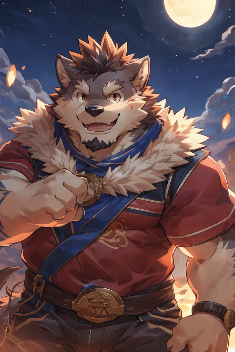 human nature, cannon, male, Solitary, ((Round Face, Handsome,Orange eyes,A small amount of black beard)), ((Endomorph, Handsome,Handsome的)), (Leisure装,White sportswear), ((domestic 狼,Wolf Orc,Demon King), (At the training ground), Bokeh, (high quality, high resolution, Masterpiece 1.2), (Natural fill light,Rich colors,), (Generous smile,full,Leisure), (Face focus), Full body picture (close up), cartoon, author:Takemoto Arashi, by zixiong, By Chunni, author:Empty Ghost,(background:Mountain jungle stream 1.5),,Glow,evening,Starry Sky,Auspicious Clouds,background丰富详细