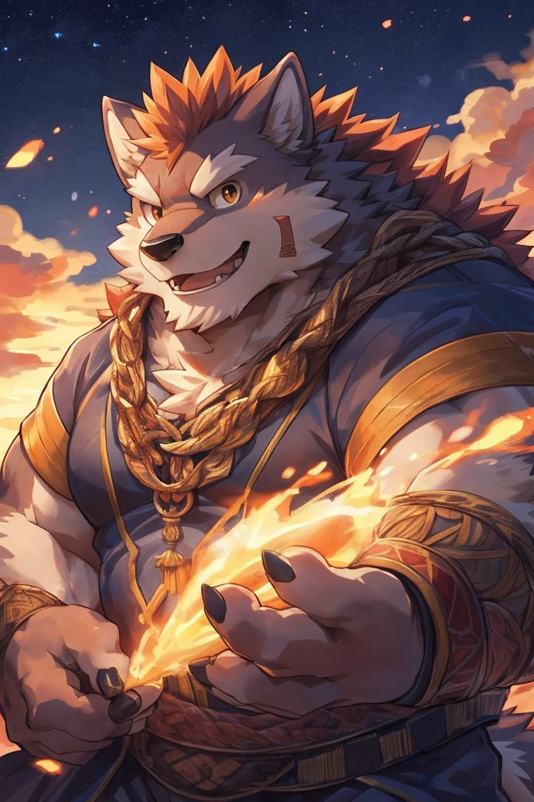 human nature, cannon, male, Solitary, ((Round Face, Handsome,Orange eyes,A small amount of black beard)), ((Endomorph, Handsome,Handsome的)), (Leisure装,White sportswear), ((domestic 狼,Wolf Orc,Demon King), (At the training ground), Bokeh, (high quality, high resolution, Masterpiece 1.2), (Natural fill light,Rich colors,), (Generous smile,full,Leisure), (Face focus), Full body picture (close up), cartoon, author:Takemoto Arashi, by zixiong, By Chunni, author:Empty Ghost,(background:Mountain jungle stream 1.5),,Glow,evening,Starry Sky,Auspicious Clouds,background丰富详细