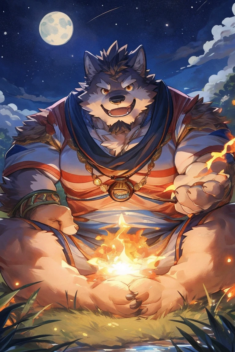 human nature, cannon, male, Solitary, ((Round Face, Handsome,Orange eyes,A small amount of black beard)), ((Endomorph, Handsome，Handsome的)), (Leisure装，White sportswear), ((domestic 狼，Wolf Orc，Demon King), (At the training ground), Bokeh, (high quality, high resolution, Masterpiece 1.2), （Natural fill light，Rich colors，), (Generous smile，full，Leisure), (Face focus), Full body picture (close up), cartoon, author：Takemoto Arashi, by zixiong, By Chunni, author：Empty Ghost，（background：Mountain jungle stream 1.5），，Glow，evening，Starry Sky，Auspicious Clouds，background丰富详细