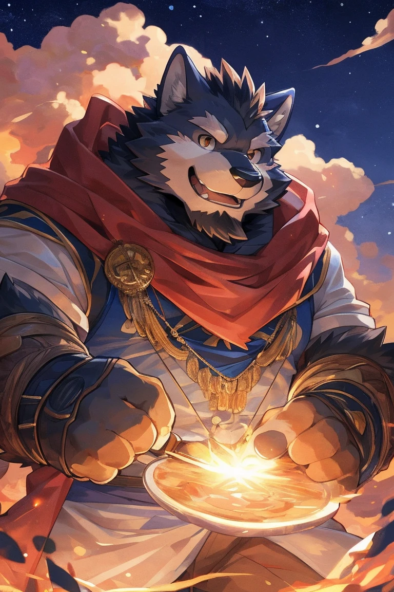 human nature, cannon, male, Solitary, ((Round Face, Handsome,Orange eyes,A small amount of black beard)), ((Endomorph, Handsome，Handsome的)), (Leisure装，White sportswear), ((domestic 狼，Wolf Orc，Demon King), (At the training ground), Bokeh, (high quality, high resolution, Masterpiece 1.2), （Natural fill light，Rich colors，), (Generous smile，full，Leisure), (Face focus), Full body picture (close up), cartoon, author：Takemoto Arashi, by zixiong, By Chunni, author：Empty Ghost，（background：Mountain jungle stream 1.5），，Glow，evening，Starry Sky，Auspicious Clouds，background丰富详细