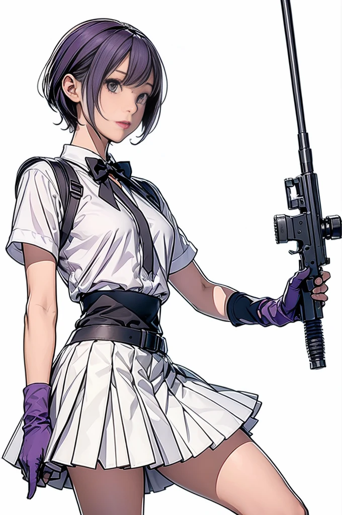 1girl, solo, short hair, skirt, shirt, gloves, white background, bow, holding, , purple eyes, white shirt, weapon, purple hair, pleated skirt, shoes, black gloves, socks, bowtie, holding weapon, gun, sneakers, holding gun, armband, rifle, grey skirt, headset, assault rifle, grey gloves, load bearing vest