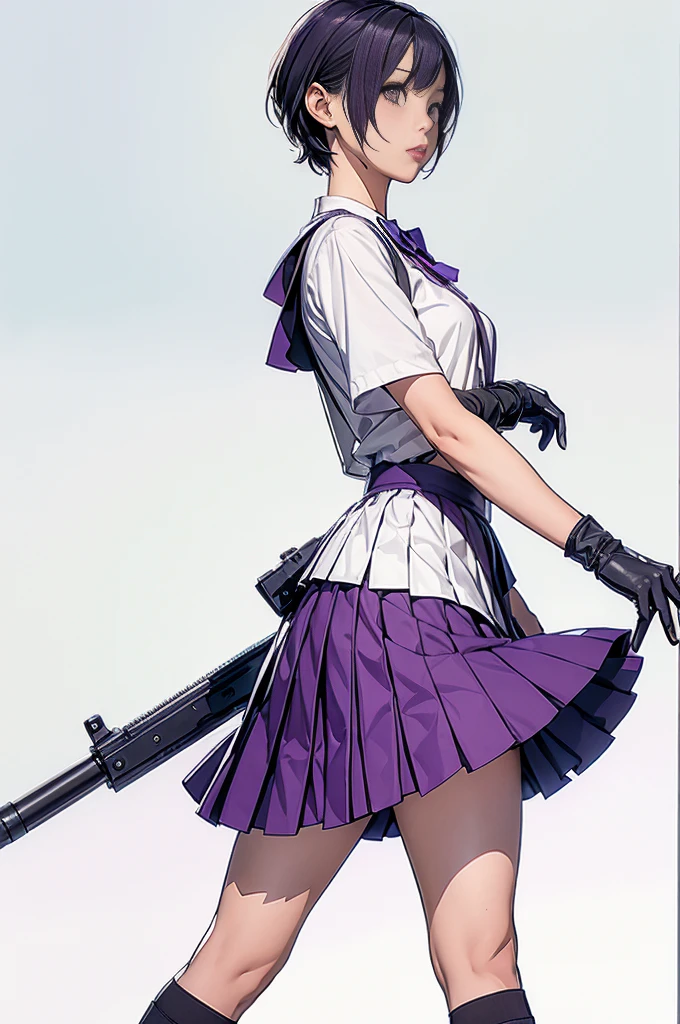 1girl, solo, short hair, skirt, shirt, gloves, white background, bow, holding, , purple eyes, white shirt, weapon, purple hair, pleated skirt, shoes, black gloves, socks, bowtie, holding weapon, gun, sneakers, holding gun, armband, rifle, grey skirt, headset, assault rifle, grey gloves, load bearing vest