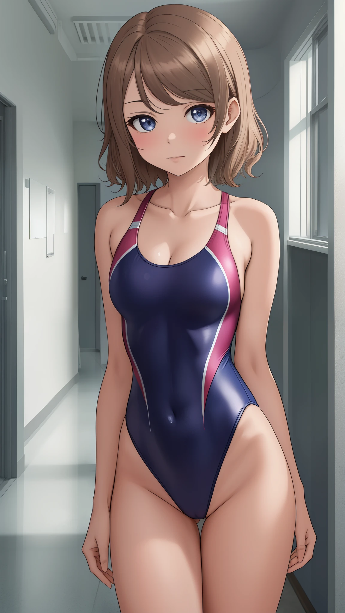 (Masterpiece), 8k wallpaper, solo, Watanabe you, standing, school hallway, one-piece swimsuit, v-neck, low cut at hips