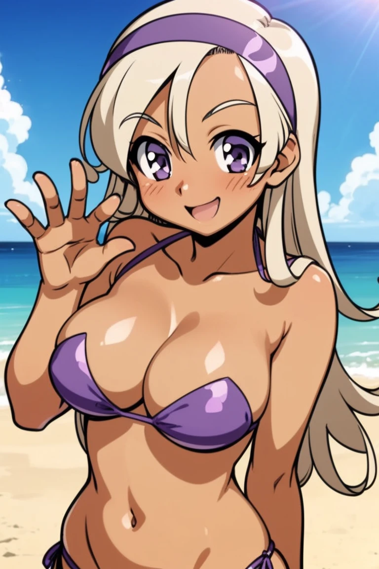 ((Hyuuga miki,Final Romance, Long hair, Blonde hair,((Brown skin)),purple hair band,purple eyes)),large breasts,strapless,bikini, beach,smile,blush,(dynamic pose:1.2)