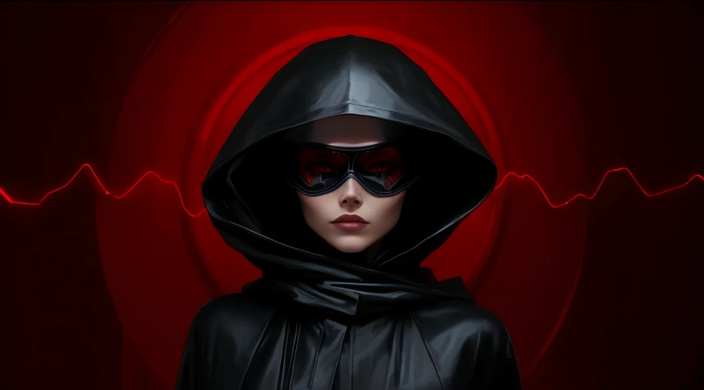 Arafed woman in black hood on red background, Futuristic portrait of a woman, Fashionable futuristic woman, The Mysterious Woman, woman in a raincoat, Woman spy, Wearing a Sith hood, woman in black robe, portrait shot, nun fashion model, portrait of a science fiction woman, Futuristic spy, beautiful female model in cyberpunk style, wear a black cloak