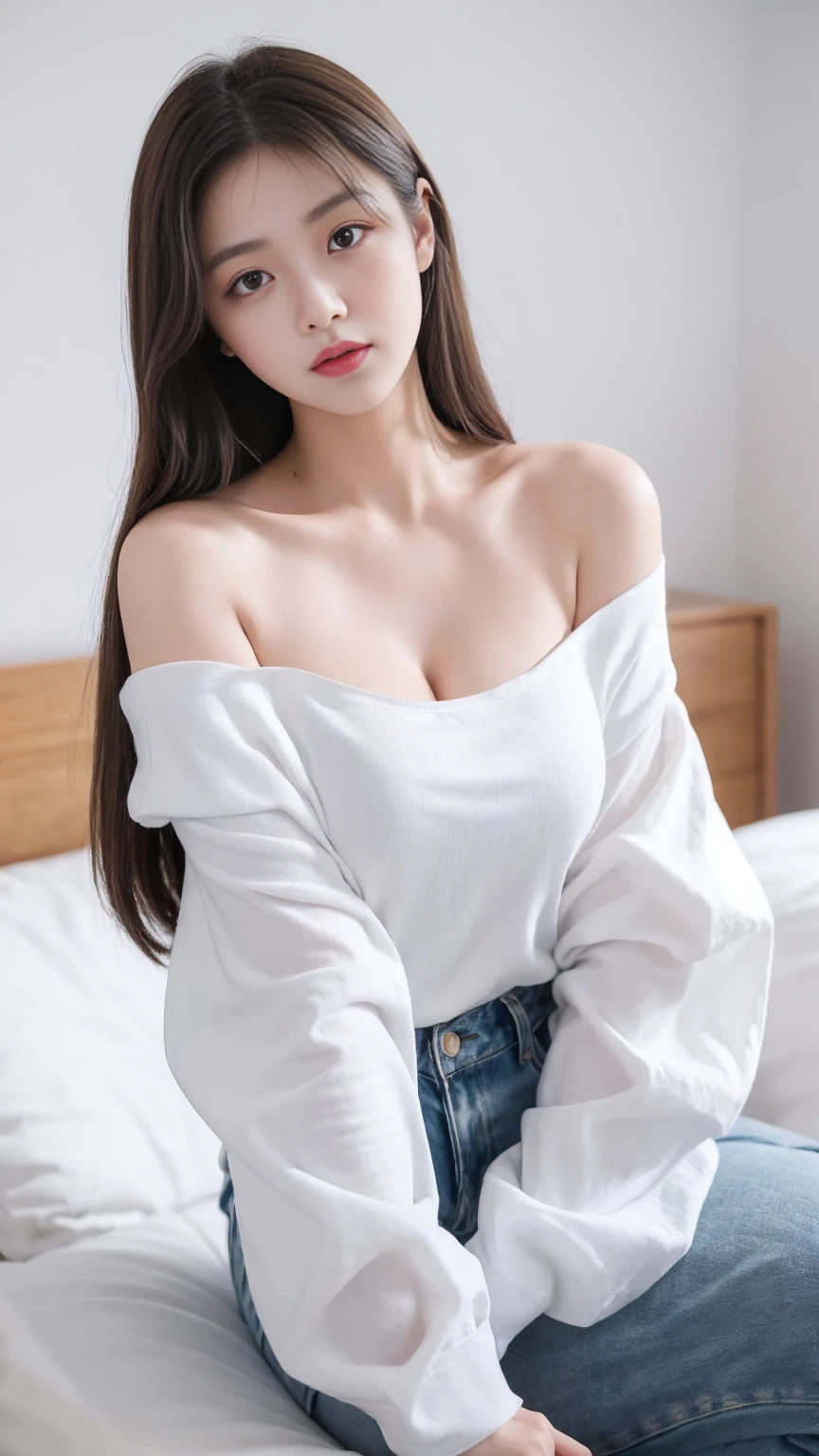 ((masterpiece)), (best quality), (detailed), (1 girl), Large-size shirt, White shirt, Off-shoulder,Arms down,Breasts are squeezed together,elbow squeeze