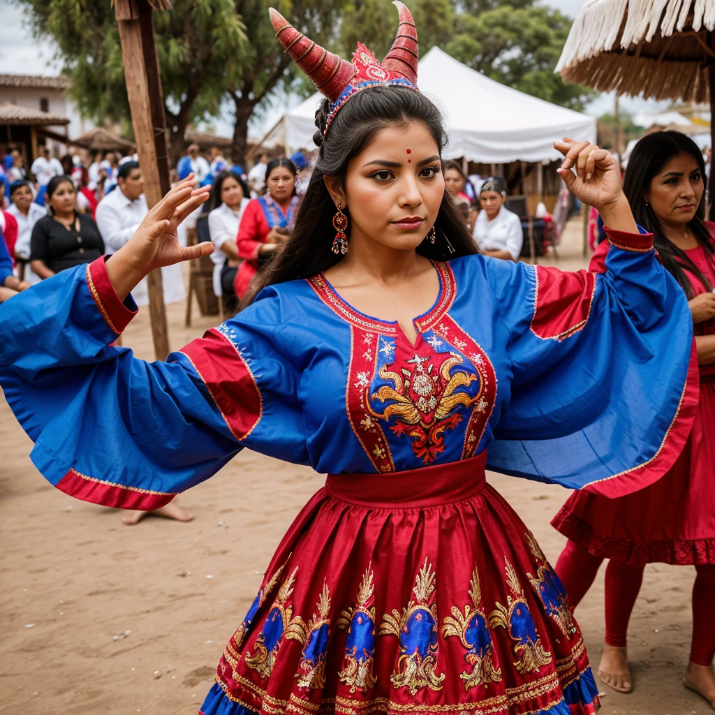 Una mujer usando un traje de Diablada, danza tipica del norte de Chile. tradition, bailes tipicos. Una bella mujer cabello largo, ojos azules, vestido corto 