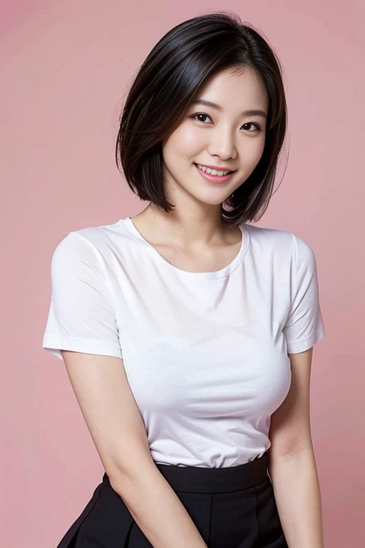 Very Short Hair　　Black Hair　A seductive smile　Skirt　40 years old　Japanese　Plain T-shirt　G-cup breasts　Surreal