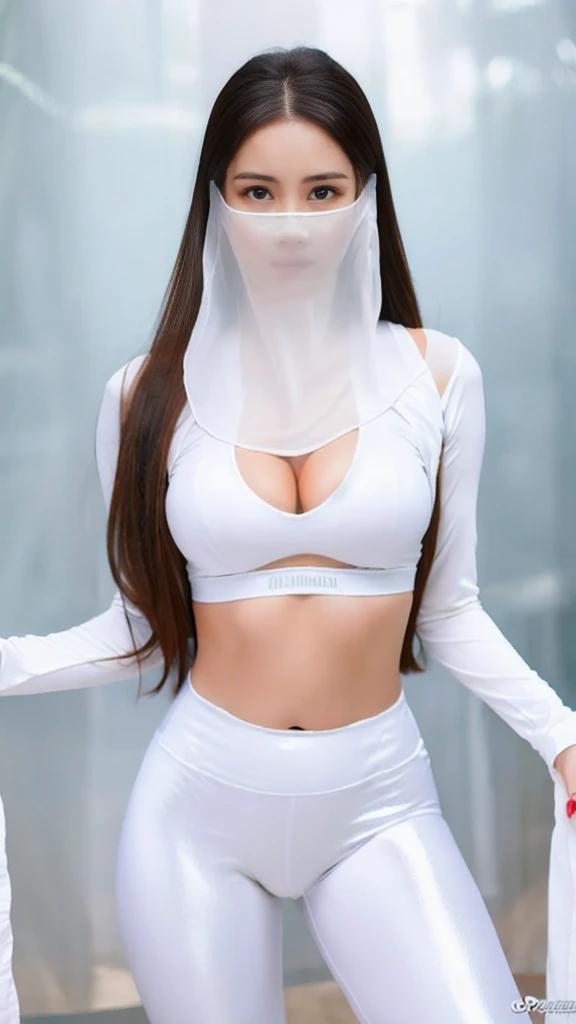 （lifelike， high - resolution：1.3），full body , 1 girl with a perfect body， Super fine face and eyes，slong hair， midriff of white colors：1.2， silver shiny leggings，face veil,   big boob，Expose cleavage, ninja pose.
