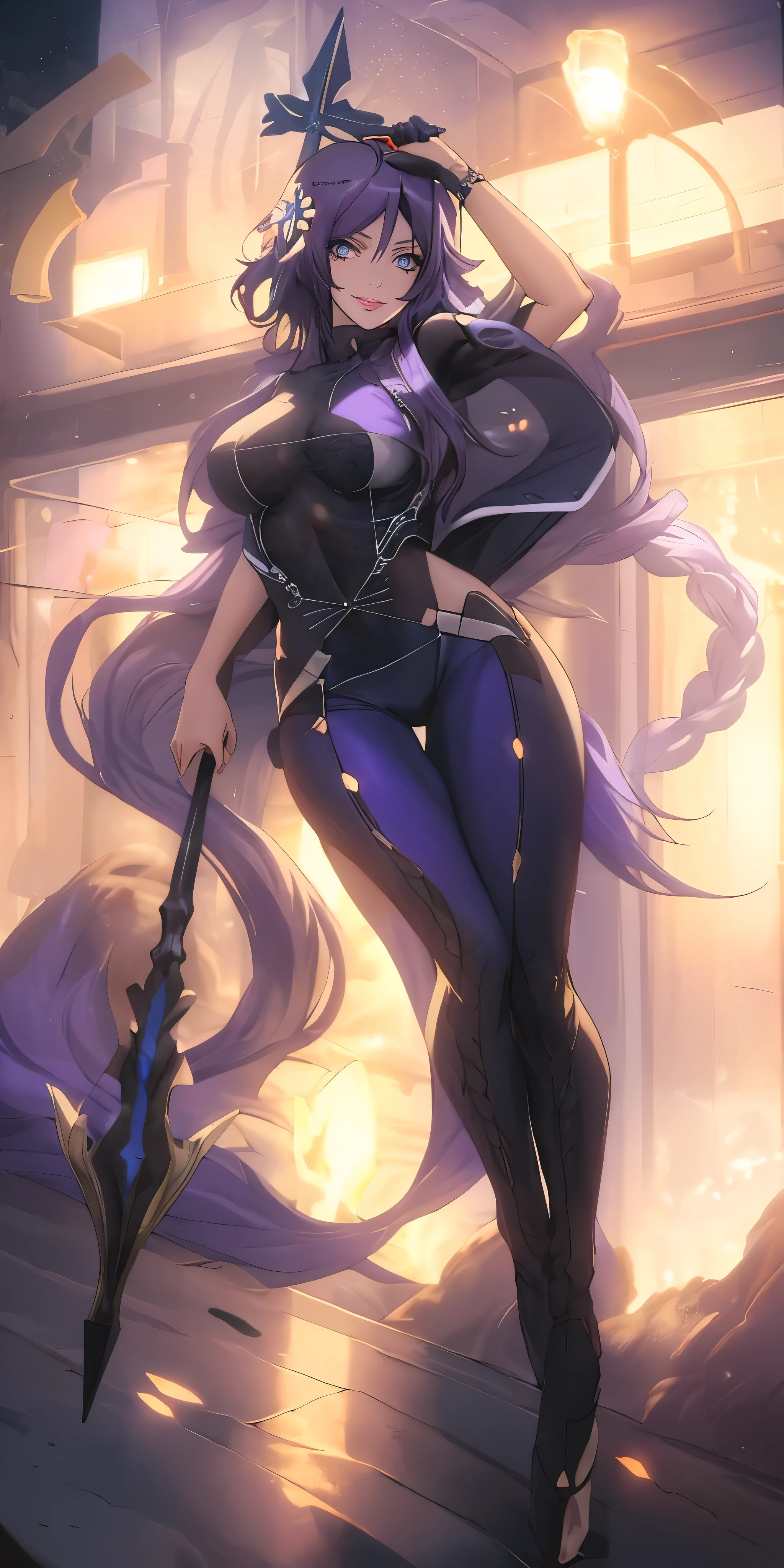 MC, ahoge, (long hari, purple hair:1.3), hair ornament, dark-blue eyes, anatomically correct, heavy breathing, mature female, 1girl, covered navel, breasts, solo, full_body, weapon, standing, jewelry, black_bodysuit, bodysuit, large_breasts, bodystocking, high_heels, toes, looking_at_viewer, (bokeh:1.3), mirror, spear, holding spear, dusk, reflective, hollow eyes, bright pupils, dark-blue eyes, looking at viewer. glowing eyes heavy breathing, seductive smile, lips, 