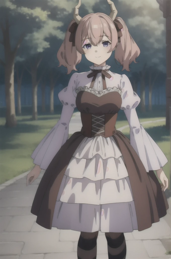 lineye,1girl,solo,short twintails,hair between eyes,pink hair,medium hair,demon horns,dark red hair ribbon,pointy ears,purple eyes,smile,
frilled shirt collar,dark red choker,white frilled shirt,juliet sleeves,long sleeves,dark red neck ribbon,dark red dress,white frilled dress,white layered dress,brown corset,striped pantyhose,
mary janes,outdoors,, Exquisite visuals, high-definition,masterpiece,best quality,Exquisite visuals,high-definition,masterpiece,best quality,18yo,Young female,Beautiful Fingers,Beautiful long legs,Beautiful body,Beautiful character design,