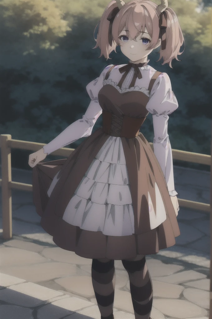 lineye,1girl,solo,short twintails,hair between eyes,pink hair,medium hair,demon horns,dark red hair ribbon,pointy ears,purple eyes,smile,
frilled shirt collar,dark red choker,white frilled shirt,juliet sleeves,long sleeves,dark red neck ribbon,dark red dress,white frilled dress,white layered dress,brown corset,striped pantyhose,
mary janes,outdoors,, Exquisite visuals, high-definition,masterpiece,best quality,Exquisite visuals,high-definition,masterpiece,best quality,18yo,Young female,Beautiful Fingers,Beautiful long legs,Beautiful body,Beautiful character design,