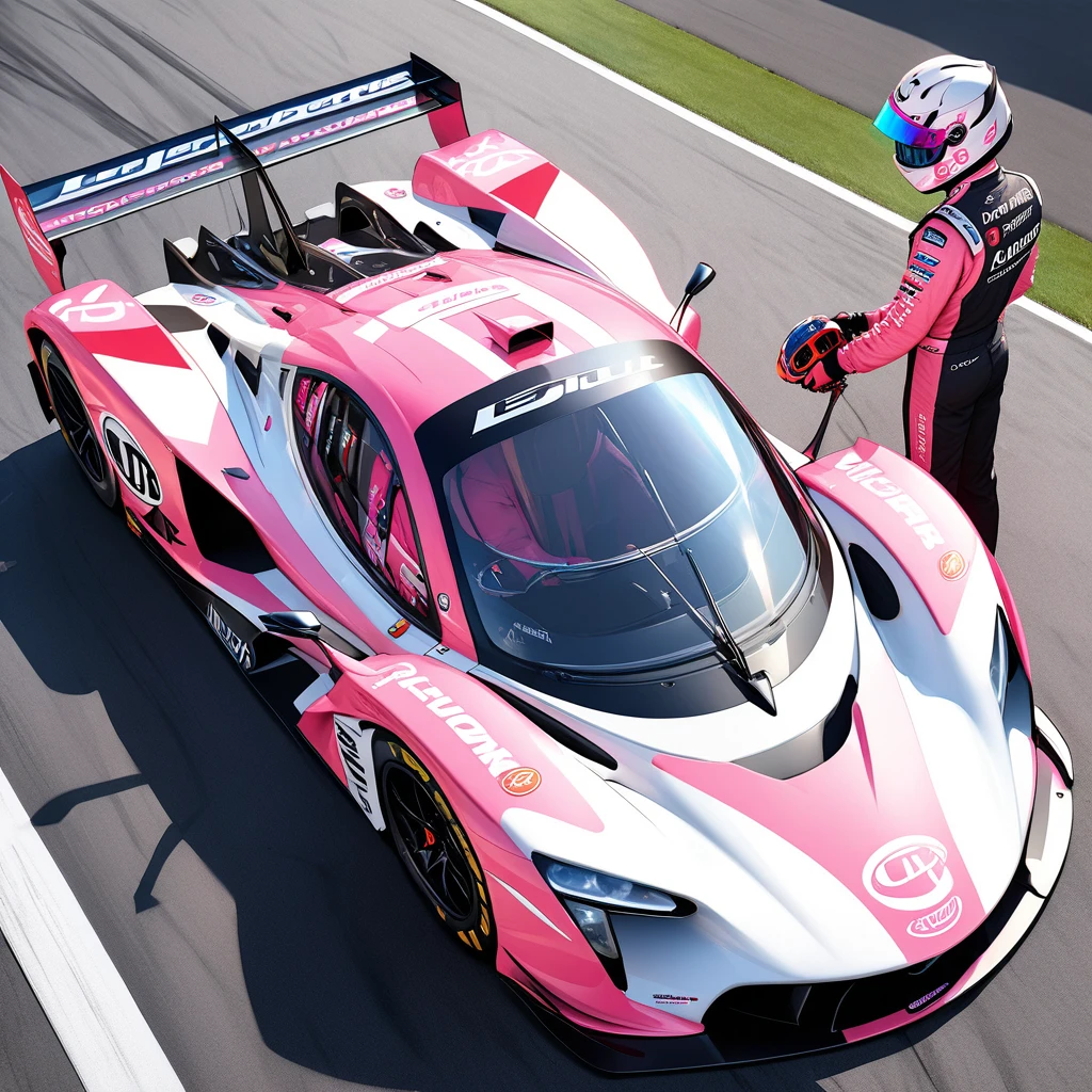 High resolution digital CG concept art,The state of pit work during the race of the future racing car,The racing car has the futuristic body shape of the Group C racer that raced in Le Mans, has a two-tone color scheme of pink and white, has a cute white-haired girl painted on the bonnet, and has gull wing doors.Many sponsor logos,The driver is a girl wearing a pink full-face helmet and a pink racing suit.The helmet visor is transparent and has a hologram effect, and there are many sponsor logos on the helmet and suit.The girl opens the driver's door and listens to the pit crew.Around the racing car are crew members wearing pit crew helmets and fireproof suits.Changing tires and refueling,A shot where you can see the driver and racing car from diagonally above.(master piece4k, 8k,best quality1.2)ultra detail