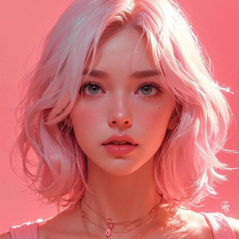 young woman, short shoulder-length pink hair, wide forehead, porcelain skin, pink eyebrows, big emerald green eyes, buttoned nose, full lips, heart-shaped face, slender body, small breasts, red tank top, Sakura Haruno , realistic, realism, details, 3d, well detailed
