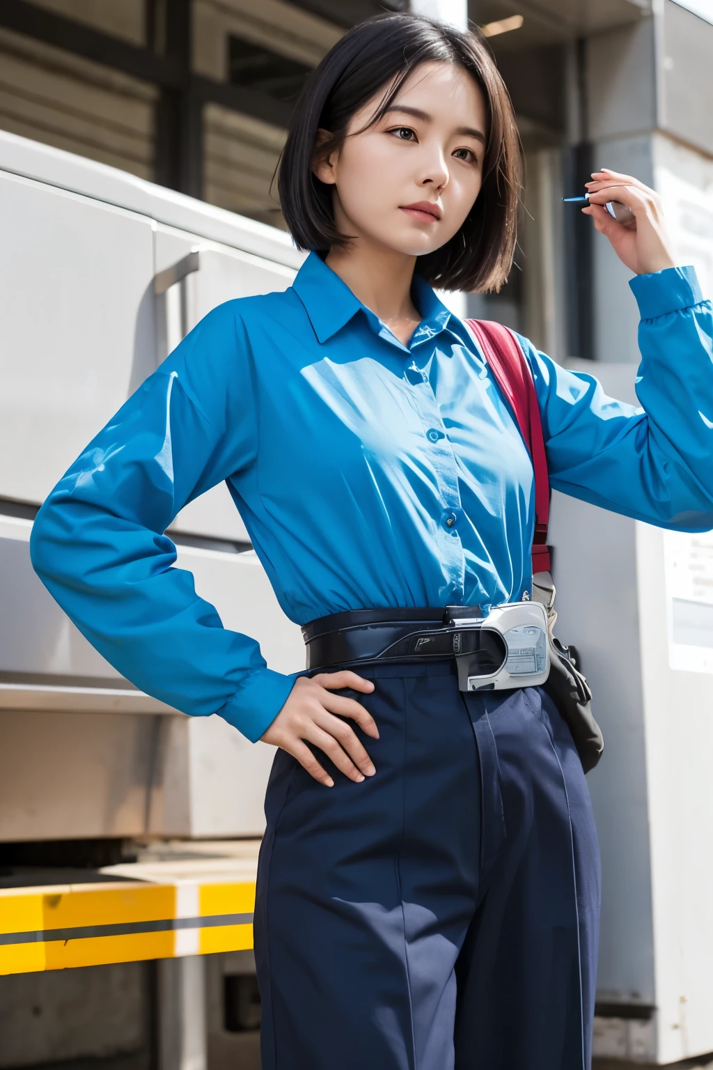 Wearing blue long-sleeved work clothes20A woman in her 20s with short black hair。Have an insulation tester。pliers、driver、He is wearing a waist bag containing