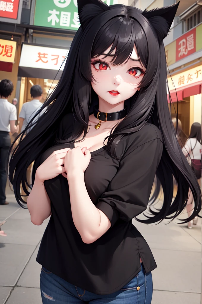 1 girl、细致的Facial details，Cat ear，Black long hair,red lips，Slim，Wearing a green shirt，Large Breasts，jeans，Two hands，Two Legs，Charming red eyes,，handcuffs，collar，Radiant Skin，Facial details，Night scene street market