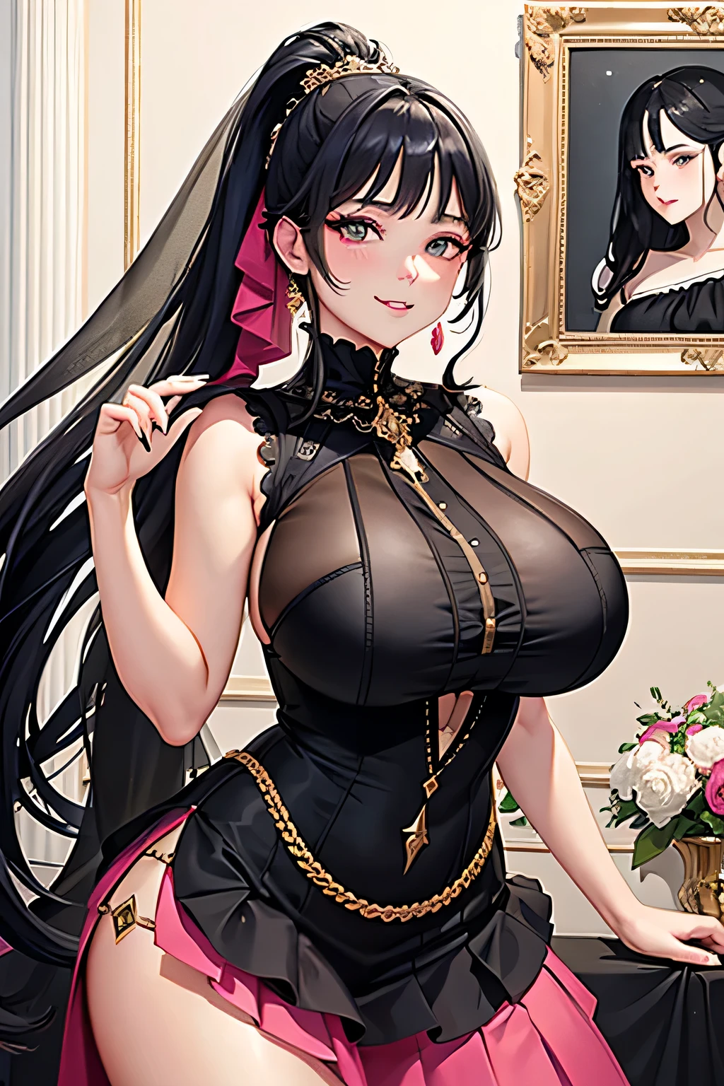 A 20-year-old chubby girl, adorned with strong pink makeup that accentuates her youthful charm, is depicted in this maximalist artwork. She wears a pleated skirt that cascades gracefully, paired with a sleeveless top that displays her delicate shoulders. Her eyes, magnificent and beautiful, glisten with dark golden hues, whilst the intricate details bring out their captivating allure.

With a sensual and suggestive pose, she flashes an evil smile that hints at her enigmatic nature. Her very long black hair, styled into a sleek and long black ponytail, frames her face perfectly. A light and transparent veil