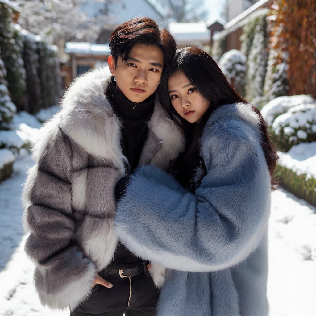 Seoasang kekasih romantis seorang lelaki tampan berambut hitam pakai pakaian jaket tebal berbulu, di sampingnya ada pacarnya wanita cantik berambut hitam sedang memeluk lelaki tersebut