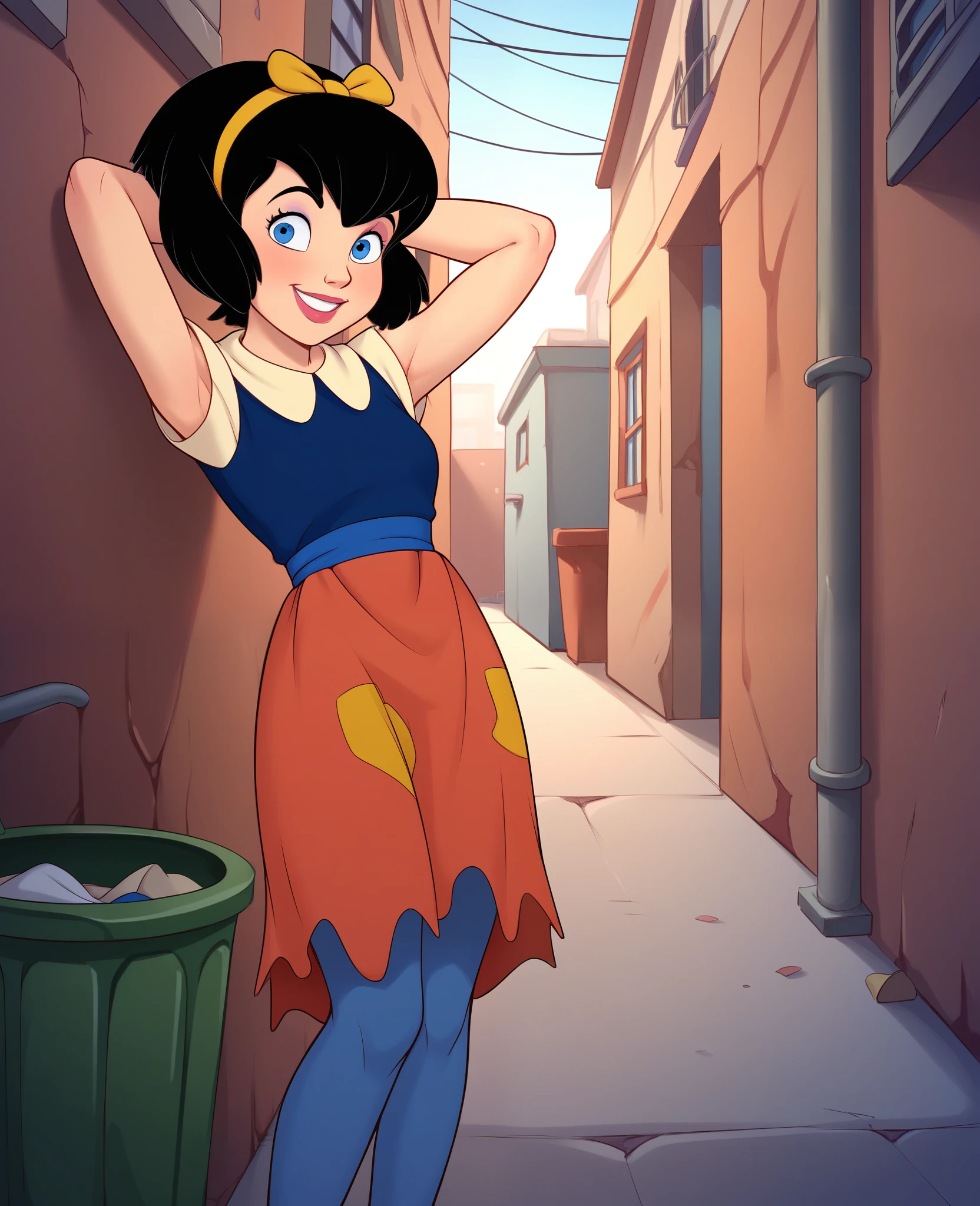 score_9, score_8, score_7, BREAK, female , anne-marie, black hair, hairband, blue eyes, dress, hands behind head, smile, outdoors, back alley, trash can