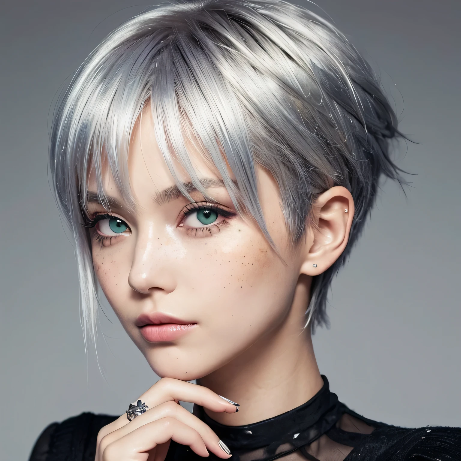 a young woman with vibrant silver hair, styled in a slightly messy, pixie cut with the top slightly longer and the sides and back shorter, The person’s expression should be calm and neutral, Her eyes are a striking green, and she has light freckles scattered across her face. The lighting should be warm, giving her skin a slightly glossy appearance. The background should be abstract with soft, warm tones and a few silver splatters to match her hair. She is wearing a black, punk fashion outfit with subtle silver accents. The overall mood should be modern, slightly ethereal, and eye-catching.