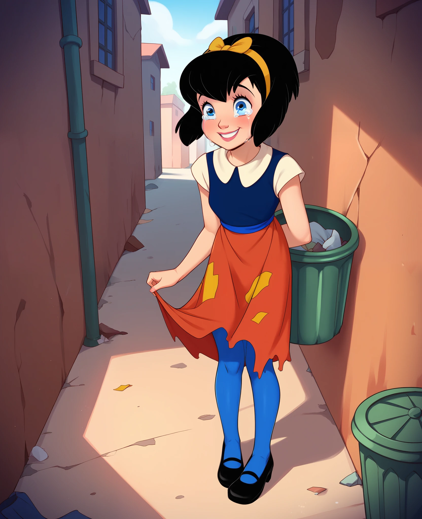 score_9, score_8, score_7, BREAK, female , anne-marie, black hair, hairband, blue eyes, dress, blue pantyhose, smile, outdoors, back alley, trash can, tears, cute eyes,