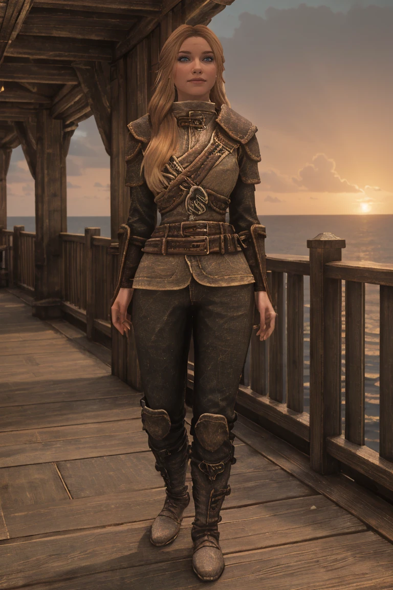 A stunning female Breton maiden stands poised on the weathered deck of a majestic ship at sunset in Skyrim. Her porcelain skin glows softly, illuminated by the warm rays of the rising sun. Delicate features and raven tresses frame her enigmatic smile as she gazes out to sea, the wind gently tousling her locks, (((wearing long pants and boots))), blonde hair