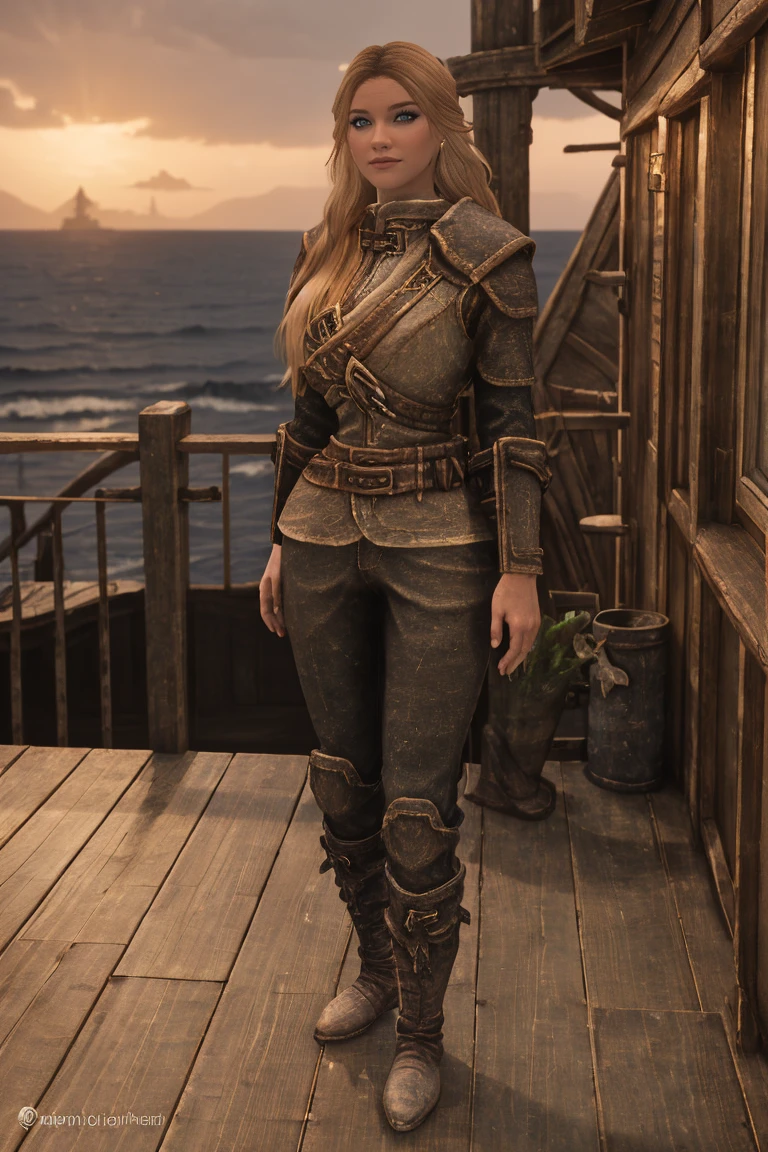 A stunning female Breton maiden stands poised on the weathered deck of a majestic ship at sunset in Skyrim. Her porcelain skin glows softly, illuminated by the warm rays of the rising sun. Delicate features and raven tresses frame her enigmatic smile as she gazes out to sea, the wind gently tousling her locks, (((wearing long pants and boots))), blonde hair