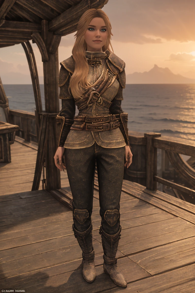 A stunning female Breton maiden stands poised on the weathered deck of a majestic ship at sunset in Skyrim. Her porcelain skin glows softly, illuminated by the warm rays of the rising sun. Delicate features and raven tresses frame her enigmatic smile as she gazes out to sea, the wind gently tousling her locks, (((wearing long pants and boots))), blonde hair